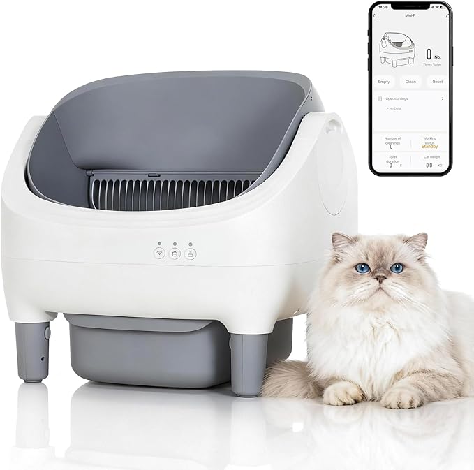 Self Cleaning Litter Box, Automatic Cat Litter Box with APP Control, Odor-Free Open-Top Cat Toilet with Large Waste Bin & Trash Bags, for Multiple Cats Kittens Large Breeds, Grey