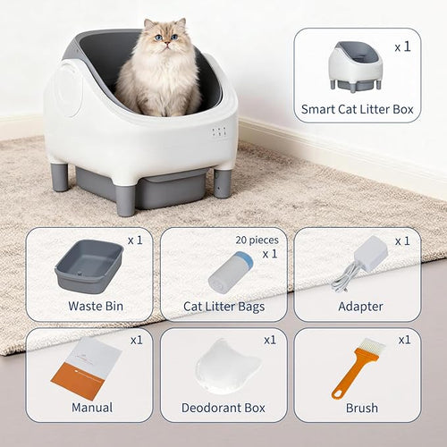 Self Cleaning Litter Box, Automatic Cat Litter Box with APP Control, Odor-Free Open-Top Cat Toilet with Large Waste Bin & Trash Bags, for Multiple Cats Kittens Large Breeds, Grey