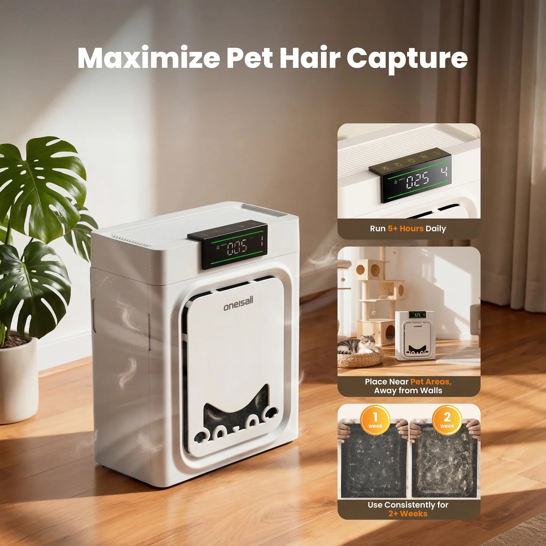 Oneisall Air Purifier for Homes with Pets, Dual-Side Intake